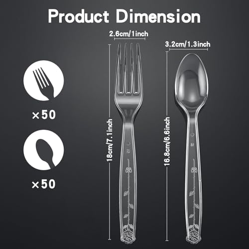 100 Count Plastic Silverware Heavy Duty 50Forks50Spoons | Shatterproof BPA-Free Disposable Cutlery Heat Resistant Disposable Plastic Utensils for Catering & Events, Party Supplies