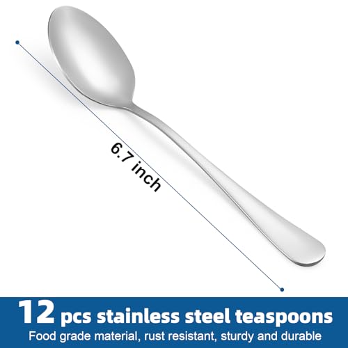 12 Pcs Teaspoons Set, Food-Grade Stainless Steel Spoons Silverware, Cutlery Tea Spoons, Durable Dessert Spoons, Metal Spoon for Home, Kitchen or Restaurant, Mirror Polished, Dishwasher Safe 6.7 Inch