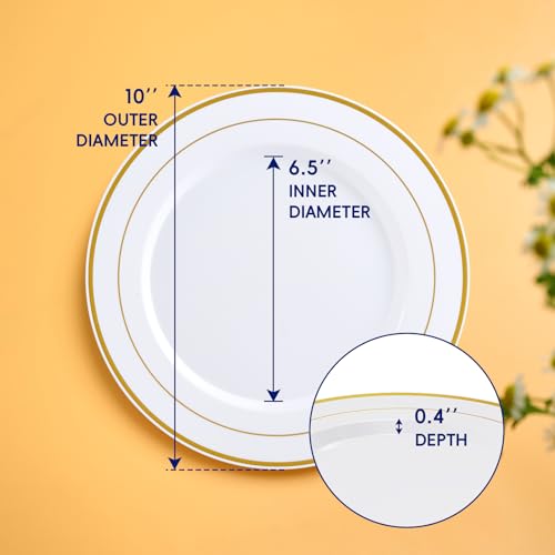 100PCS Plastic Plates 10 Inch Heavy Duty Disposable Plates for Everyday Use | White Disposable Plastic Plates with Gold Rim for Weddings, Parties, Christmas, Birthdays and Events