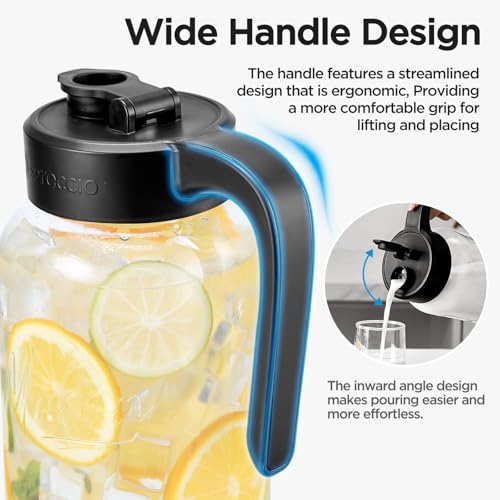 Spreccio Mason Jar Pitcher, 64 oz (2 quart), Glass Pitcher with Lid | Airtight, Leak proof, Ergonomic Handle, Pour Spout Lid, Fridge Safe, for Sun Tea, Iced Tea, Cold Brew, Lemonade, Outside