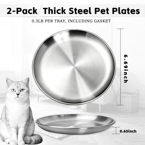 2-Pack Stainless Steel Basic Cat Bowls, Whisker-Friendly Thickened 6.7" Shallow Food Plates, 3M Adhesive Non-Slip Fixed Base, for Home/Outdoor Use with All Foods for Cats, Kittens & Small Pets