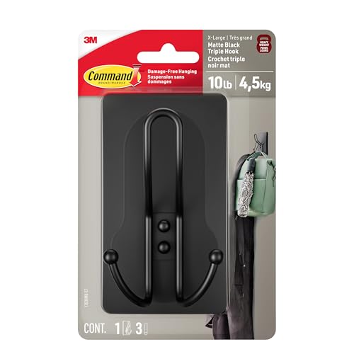 Command X-Large Black Triple Hooks, 1 Hook, 3 Strips | Heavy Duty, Damage-Free Hanging with Adhesive Strips, No Tools Wall Hook for Hanging Decorations, Holds up to 10 lb