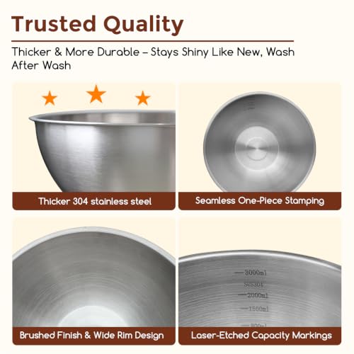 Gronivex Stainless Steel Mixing Bowls Set, 3-Piece (1.5, 2.2 & 3.4 Qt) | Food-Grade Metal, Dishwasher safe，Stackable Nesting & Space-Saving – For Kitchen Baking, Salads, Meal Prep, RV & Camping