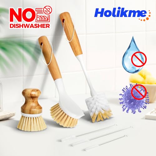 Holikme 6 Pack Dish Brush with Bottle Brush Scrub Brush Straw,Yellow | Dish Brush, Palm Scrub Brush and Straw Brush, Dish Scrubber Long Handle for Dish Bottle Cup Skillet Wok Pot Pan Cast Iron