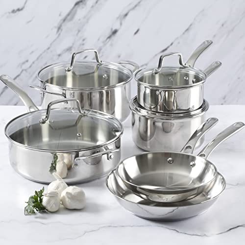 Martha Stewart Castelle 10 Piece 18/8 Durable Stainless Steel Induction Safe Non-Toxic Triply Bottom Kitchen Pots and Pans Cookware Set - Dishwasher Safe