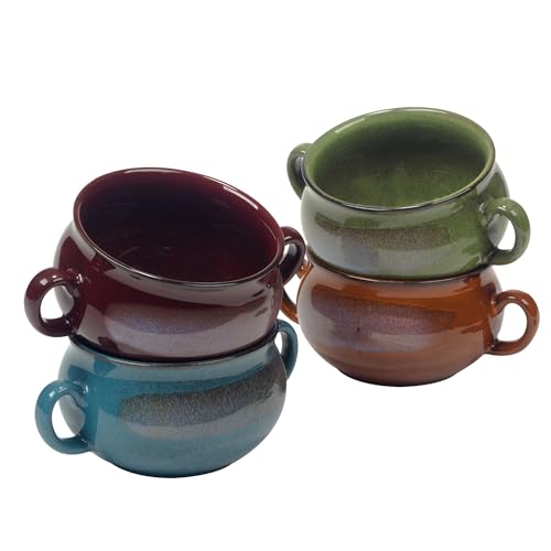 Stoneware 24oz Reactive Glaze Soup Crocks Set of 4: Perfect for soups, stews, and casseroles. Unique reactive glaze, oven-safe, microwave- and dishwasher-friendly with easy-grip handles for serving.