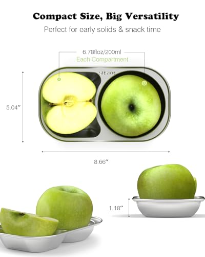 Bakpoco 2PCS Stainless Steel Toddler Plates with 2 Dividers, Kids Plates for Snack Portion Control, Small Divided Plate for Baby Feeding & Adults Camping, Non-toxic Dishwasher Safe Metal Dish