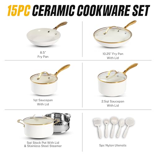 GOTHAM STEEL 15 Pc Ceramic Cookware Set, Diamond and Titanium Coated