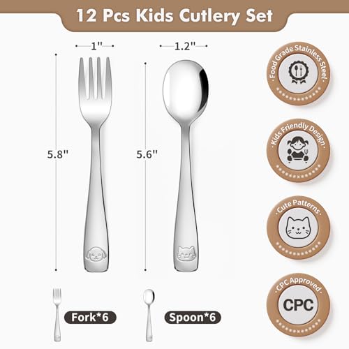 DRKIO 12Pcs Stainless Steel Toddler Utensils Small Metal Kids Silverware | Food-grade, Ideal Transitional Baby Forks and Spoons, Cute pattern, Designed for Children, Dishwasher Safe, Mirror Polished