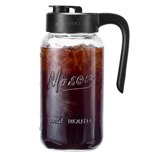 Spreccio Mason Jar Pitcher, 64 oz (2 quart), Glass Pitcher with Lid | Airtight, Leak proof, Ergonomic Handle, Pour Spout Lid, Fridge Safe, for Sun Tea, Iced Tea, Cold Brew, Lemonade, Outside