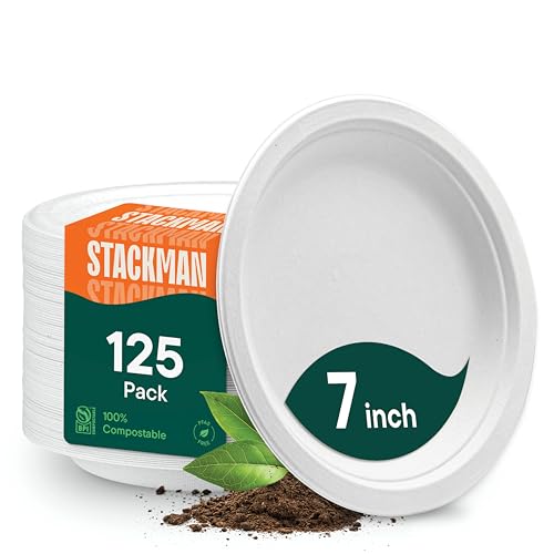 Stack Man 100% Compostable Small Paper Plates 7 Inch Heavy-Duty [125-Pack] Eco-Friendly White Bagasse Disposable Dessert Cake Plates - 7" Biodegradable Plate (BPI-Certified) (PFAS-Free)