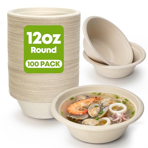 W&Y 12 oz Paper Bowls Disposable 100-Count, Compostable Bagasse Bowls | Heavy-Duty, Microwave-safe, Sugarcane Fibers, Suitable for dessert, Soup, Cereal, Salad, Ice cream, and hot or cold use