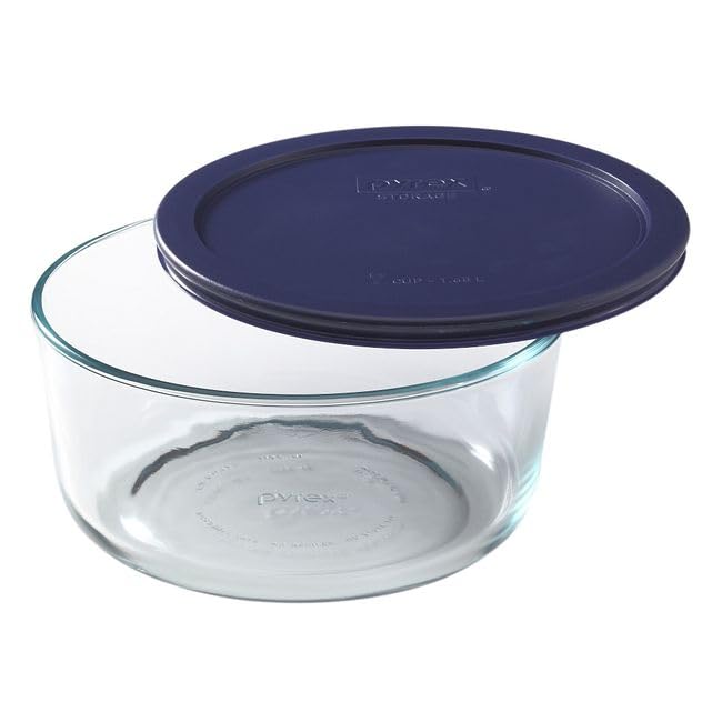 Pyrex 7203 7-Cup Glass Bowls and 7402-PC Blue Lids (2-Pack) - Made in USA | BPA-Free Plastic | Secure Seal | Non-Porous Material | Stackable Design | Refrigerator Safe