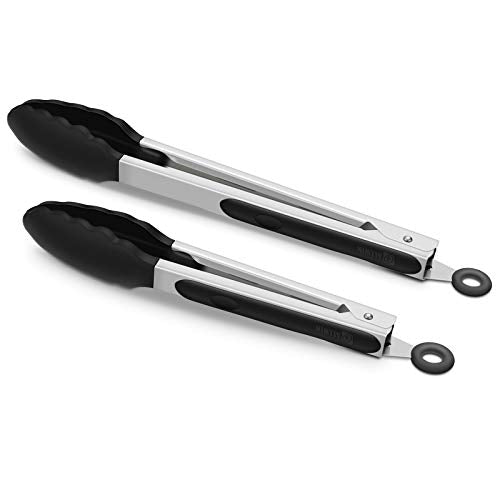 2 Pack Silicone Kitchen Tongs, 9 & 12 Inch, Stainless Steel, Black | Heat Resistant to 500°F with BPA-free Silicone Tips, Locking Clip and Nonslip Handles for Nonstick Cookware and Grilling