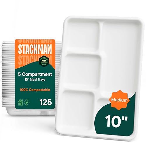 100% Compostable 5-Compartment Tray [125-Pack] Heavy Duty Bagasse Plates | Eco-Friendly Biodegradable School Lunch Tray Made of Sugar Cane Fibers, PFAS-Free & BPI Certified White Divided Platter