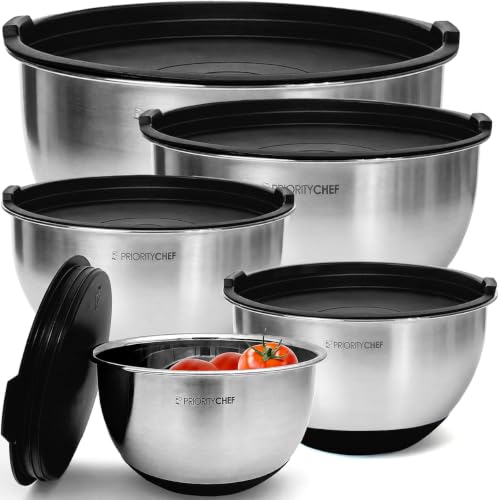 Premium Mixing Bowls with Airtight Lids Set, Thicker Stainless Steel, Black | 1.5-5 Qt Metal Nesting Bowls with Non-Slip Base that are Ideal For Baking, Serving and Storing in the Kitchen