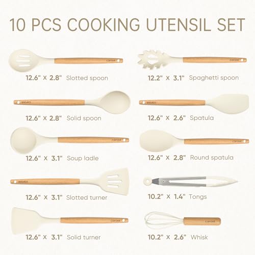 CAROTE 10-Piece Kitchen Utensils Set with Wood Cool-Touch Handles, Cream | Silicone Cooking Utensil, Food Grade, Nonstick Cookware Friendly, BPA-Free, Heat-Resistant, Everyday Home Essentials, Gifts