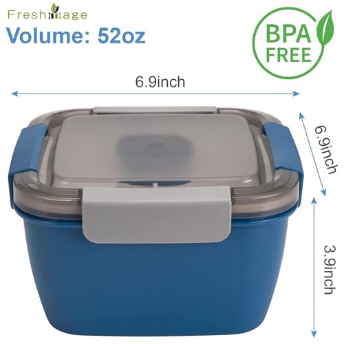 Salad Lunch Container To Go, BPA-Free 52-oz Salad Bowls to go for lunch | Salad containers for lunch with 3 Compartments, Salad Dressings Container for Salad Toppings, Snacks, Men, Women (Blue)