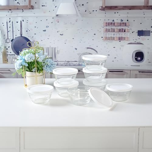 Le’raze 16pc Set of Small Glass Prep Bowls with Airtight Lids, Custard Cups | 8oz, Stackable, Durable, Dishwasher Safe, Freezer Safe, 100% Food Grade, Lead and BPA Free, Secure Packaging, Eco-Friendly