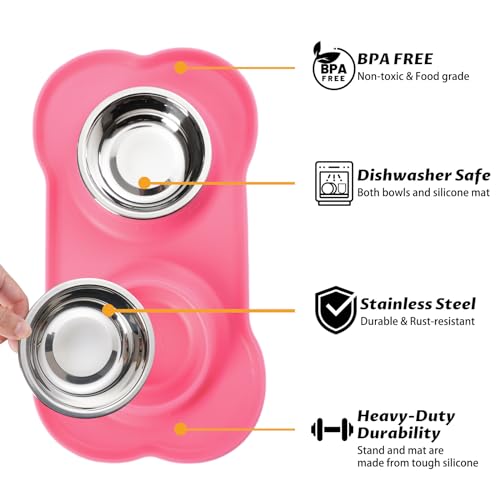 Hubulk Pet Dog Bowls 2 Stainless Steel Dog Bowl with No Spill Non-Skid Silicone Mat + Pet Food Scoop Water and Food Feeder Bowls for Feeding Small Medium Large Dogs Cats Puppies (S, Pink)