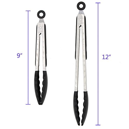 2 Pack Silicone Kitchen Tongs, 9 & 12 Inch, Stainless Steel, Black | Heat Resistant to 500°F with BPA-free Silicone Tips, Locking Clip and Nonslip Handles for Nonstick Cookware and Grilling