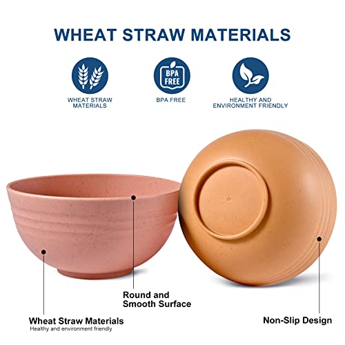 HOTEC 8-Pack 26oz Wheat Straw Cereal Plastic Bowls set, Multicolor | BPA Free Unbreakable, Microwave Safe, Dishwasher Safe, Soup and Salad Bowls