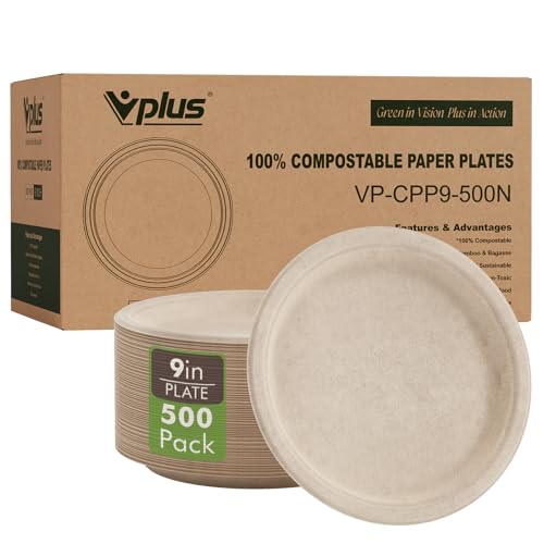 Vplus 500 Pack Compostable Bagasse Paper Plates 9 inch, Nature | Super Strong Paper Plates, 100% Bagasse, Natural Biodegradable, Perfect for Dinner, Gathering, and Picnic