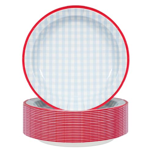 DTFMZOV 50 Pcs Paper Plates, 8.5 Inch Blue Gingham Plate, Disposable Checkered Plaid Gingham Paper Plates for BBQ Picnic Baby Shower Birthday Wedding Party Supplies (Blue)