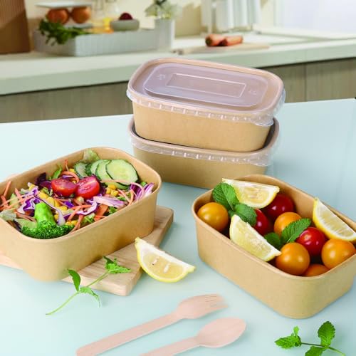 Belinlen 50 Sets 25oz Disposable Kraft Paper Bowls with Lids, Rectangle | Paper Food Containers with Lids, Salad Bowls for Hot/Cold Food, Soup, Meal Prep, Ice Cream, Takeout, Party Supplies(750ml)