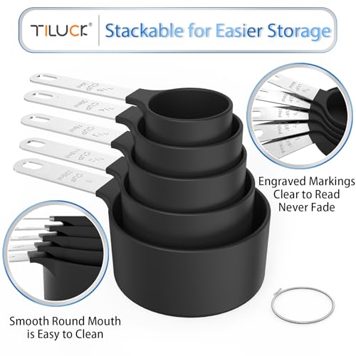 Measuring Cups & Spoons Set, Stackable Cups and Spoons | Nesting Measure Cups with Stainless Steel Handle, Kitchen Gadgets for Cooking & Baking (Black)