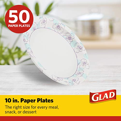 Glad Round Paper Plates, Blue Flower Design, 10 Inch, 50 Count | Heavy-duty, soak-proof, cut-resistant plates for meals, parties, picnics, and events