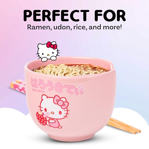 Silver Buffalo Sanrio Hello Kitty Strawberry Milk Japanese Character Ceramic Ramen Noodle Rice Bowl with Chopsticks, Microwave Safe, Pink, 20 Ounces