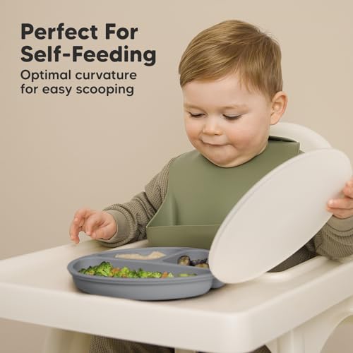 KeaBabies Suction Plates with Lids for Baby, 3pk, BPA-Free Silicone, Slate | Food Grade Silicone Toddler Plates with Suction, Divided, Kids Baby Led Weaning Essentials, Dishwasher & Microwave Safe