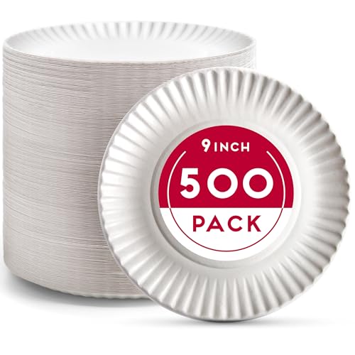 Alitte 9-Inch Disposable Paper Plates - 500 Count - Bulk Pack of Uncoated Paper Plates for Everyday Use - Dinnerware for Meals, Parties And Picnics