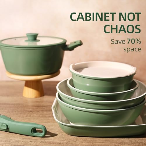 BECIGAR 23pcs Ceramic Pots and Pans Set, Nonstick Detachable Handle Cookware, Induction Kitchen Cooking Set, Include Frying Pans & Saucepans Oven Safe(Green)