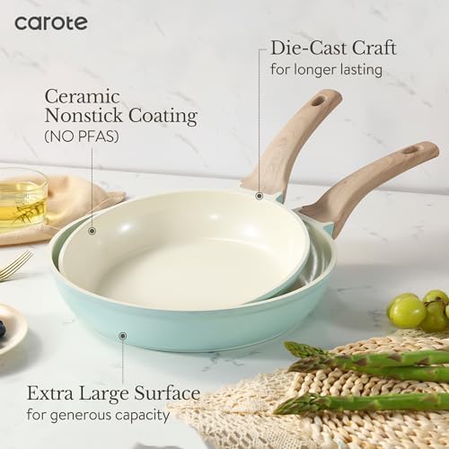 CAROTE 21pcs Ceramic Cookware Sets, Pots and Pans Set Blue