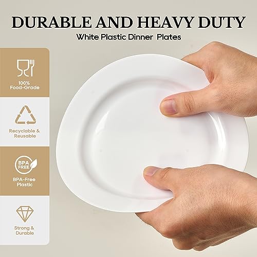 FOCUSLINE 100 White Plastic Plates, 10" Disposable Heavy Duty Dinner Plates | Premium Hard Plastic Plates Fancy Disposable White Dinner Plates for Weddings, Parties and Events