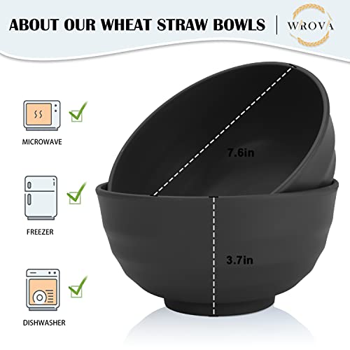 Wrova Wheat Straw Bowls Set 60 OZ Unbreakable Large Cereal Bowls Set of 6 Microwave and Dishwasher Safe Bowls Big Bowls for Camping and Picnic BPA Free Soup Bowl for Serving Oatmeal and Salad. Black
