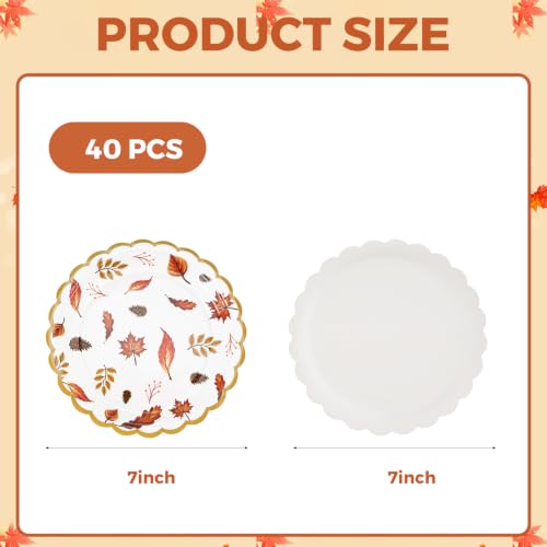Cangmyxis 7 Inch Fall Thanksgiving Paper Plates Disposable 40 PCS Scalloped Heavy Duty Disposable Dessert Plates Maple Leaf Autumn Harvest Theme Thanksgiving Party Decorations