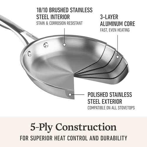 Calphalon Premier Polished 5-Ply Stainless Steel Cookware Set w/Turbo Heat Tech 12 Piece Includes Frying Pans, Pots and Pans Set, Induction, Oven Safe 500F, PFOA Free, Polished Stainless Silver