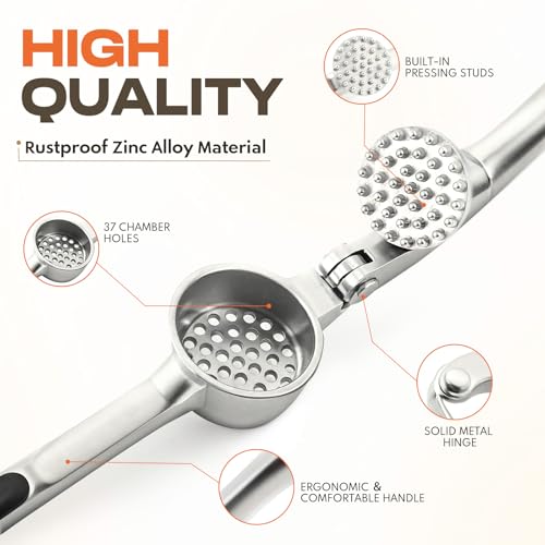 Kitchen Garlic Press, Rust Proof & Dishwasher Safe Garlic Mincer, Durable Garlic Crusher Set with Peeler＆Brush, Easy to Clean and Squeeze, Matte