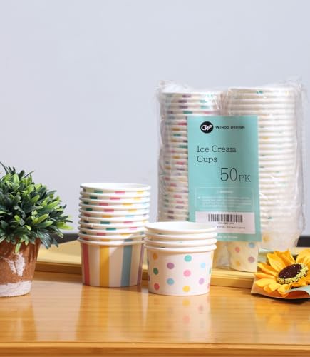 Winoo Design Small Ice Cream Cups Disposable - 50 PK - Paper Ice Cream Cups 4 oz Mini Sundae Bowls Treat Cups Containers (2 Assorted Designs 4oz Cups)