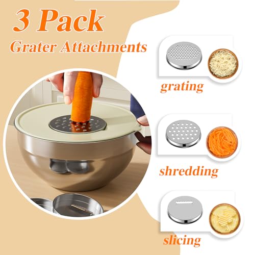 Winproper Mixing Bowls with Lids Set, 6 PCS Stainless Steel Mixing Bowls with 3 Grater Attachments, Kitchen Food Storage Organizers Nesting Mixing Bowl, Large Size 4.5, 3.5, 2.1, 1.5, 1.1, 0.7QT