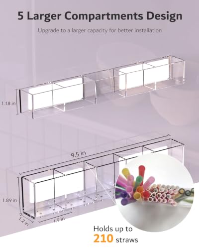 Upgraded 9.5'' Large Acrylic Straw Holder for Cabinet Door, Adjustable Space-Saving Straw Organizer Storage Dispenser for Cabinet with Ultra Sticky Adhesive Strips, 2-Part Rack, Drainage Holes