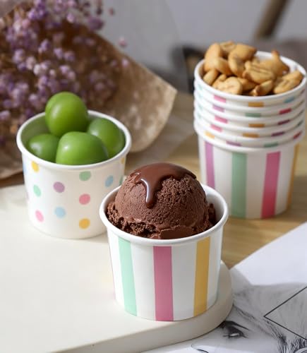 Winoo Design Small Ice Cream Cups Disposable - 50 PK - Paper Ice Cream Cups 4 oz Mini Sundae Bowls Treat Cups Containers (2 Assorted Designs 4oz Cups)