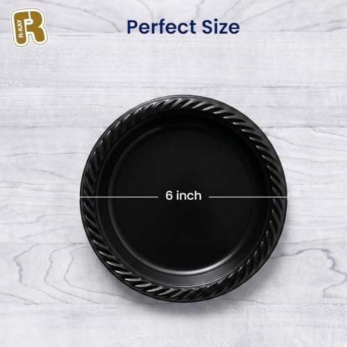 R-kay 100 Pack 6 Inch Black Plastic Plates Disposable - Heavy Duty Black Dessert Plates Disposable - Microwavable Small Disposable Plastic Plates