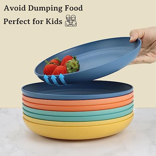 Wrova Wheat Straw Plates - 8 Inch Unbreakable Dinner Plates Set of 8 - Dishwasher & Microwave Safe Plastic Plates Reusable - Lightweight Plate for kitchen,R.V. (Colorful Series)
