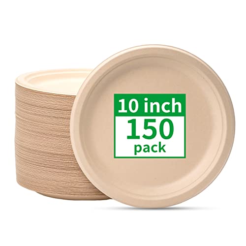 RACETOP Compostable Paper Plates 10 Inch [150 Pack] | Unbleached Brown, Disposable Biodegradable Heavy Duty Paper Plates, Made of Natural Sugarcane Fibers, Round