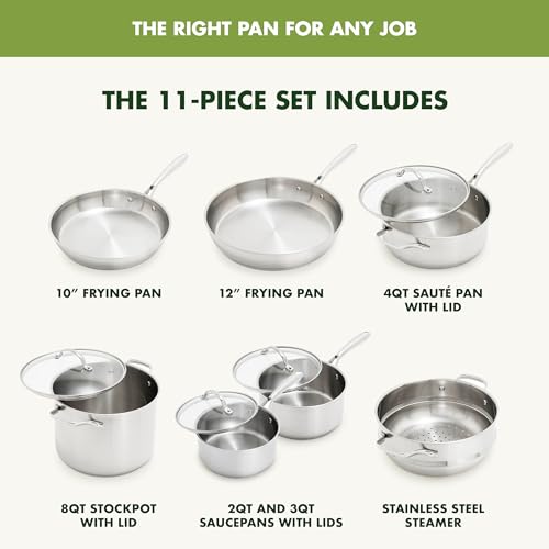 GreenPan Stainless Steel Cookware Set, 11 Piece Pots & Pans, Silver