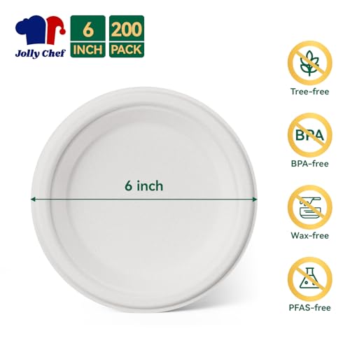 JOLLY CHEF Dessert Plates 6 Inch Paper Plates Compostable White 200 Pack | Disposable Heavy Duty for Cake, Snacks, Everyday Meals & Parties, Biodegradable Sugarcane